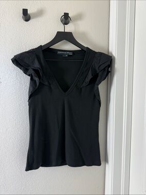 Veronica Beard Black Cathie Flutter Sleeve Top V-Neck Ruffle Rib Size Small